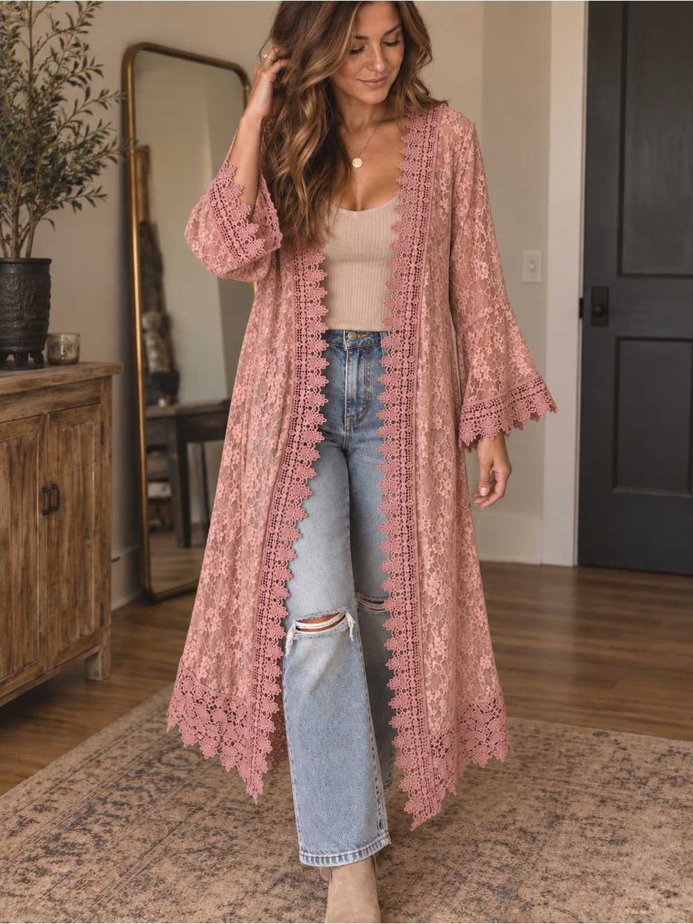 Lace Trim Kimono Duster in Shimmering Dusty Rose - Women's duster/robe